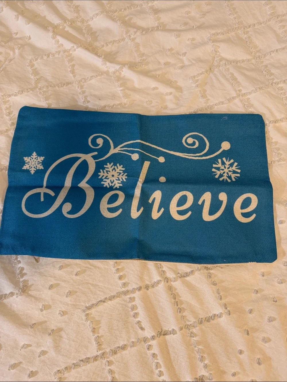 Believe Holiday Decorative Pillow Cover - Blue with White Script nwot